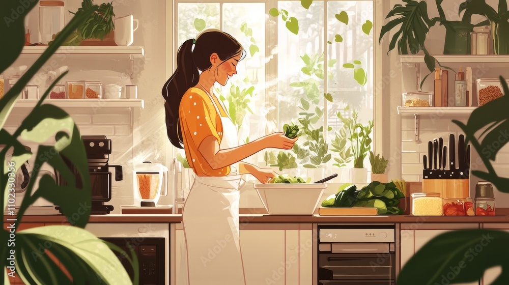 Woman Cooking Fresh Vegetables in a Sunny Kitchen Woman Cooking Fresh Vegetables in a Sunny Kitchen