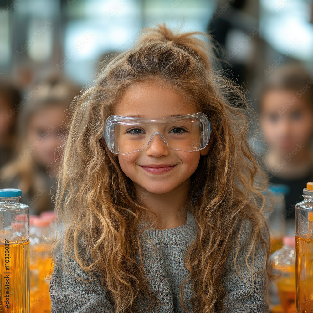 Smiling Teacher and Students Wearing Safety Glasses in a Classroom Smiling Teacher and Students Wearing Safety Glasses in a Classroom