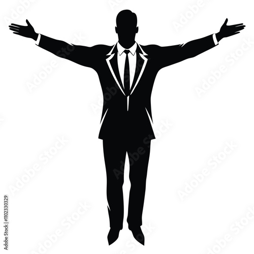 Businessman Silhouette Gesturing with Open Arms on White Background