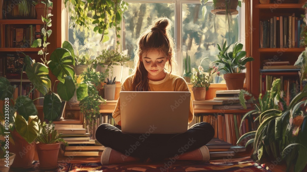 Young Woman Working on Laptop in Cozy Home Office with Sunlight Young Woman Working on Laptop in Cozy Home Office with Sunlight