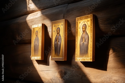 religious iconography, gold orthodox icons arranged against a weathered wooden church wall, illuminated by light filtering through from above photo