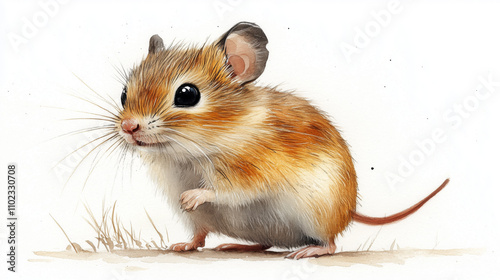 Watercolor Illustration of a  Tiny Dormouse on white nackground
