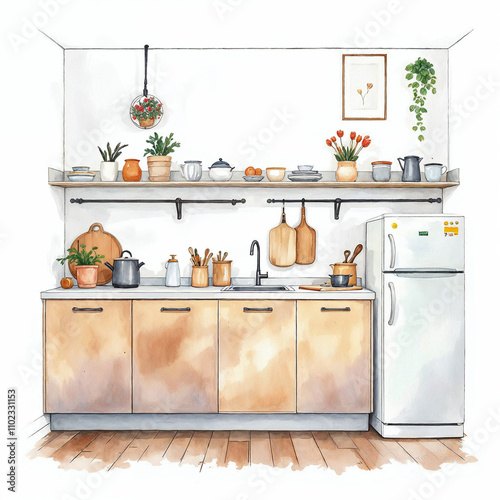 Watercolor modern and minimalist kitchen interior design illustration	
