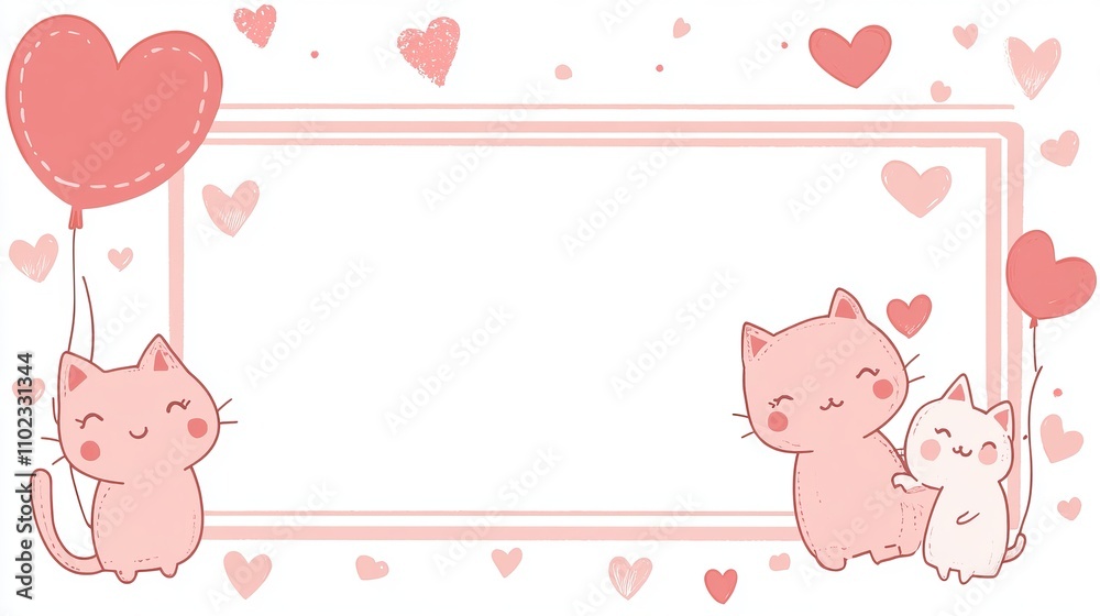 Adorable Pink Cats with Hearts and Balloons - A Cute Cartoon Illustration for Kids and Lovers Adorable Pink Cats with Hearts and Balloons - A Cute Cartoon Illustration for Kids and Lovers