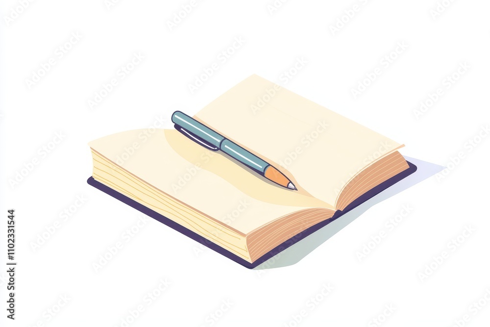 Notebook and pen resting on a blank page, ready for thoughts and creativity to flow Notebook and pen resting on a blank page, ready for thoughts and creativity to flow