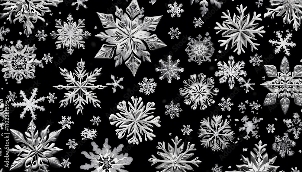 An illustration of a seamless pattern of snowflakes on a black background An illustration of a seamless pattern of snowflakes on a black background