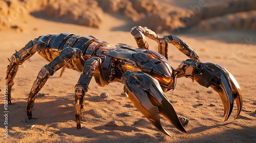 Metallic scorpion robot in desert. photo