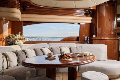 The exquisite interior design of a luxury yacht provides a breathtaking scenic view that captivates