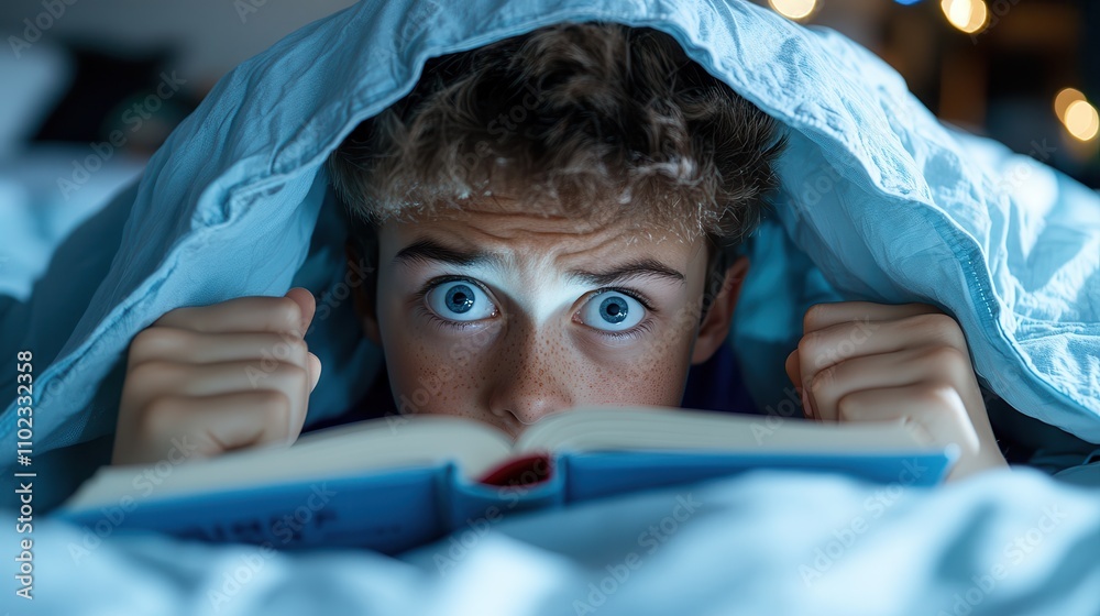 A boy with wide eyes reads intently under a blue blanket in dim lighting, capturing the thrill and curiosity of a nighttime reading adventure. A boy with wide eyes reads intently under a blue blanket in dim lighting, capturing the thrill and curiosity of a nighttime reading adventure.