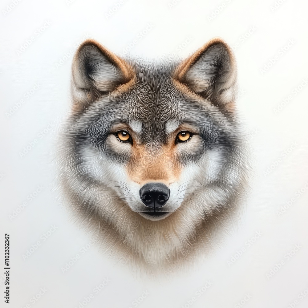 Fototapeta premium Realistic illustration of a wolf head, showcasing intricate fur details, striking amber eyes, and a fierce expression, capturing the essence of this majestic animal in nature.