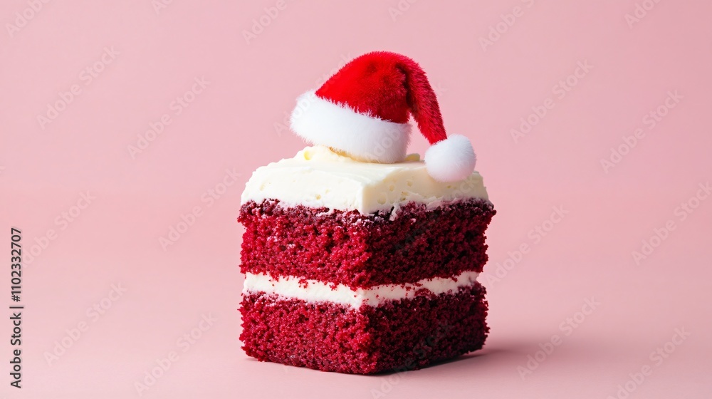 A single-layered red velvet cake with cream cheese frosting, adorned with a tiny edible Santa hat, isolated on a soft pink background A single-layered red velvet cake with cream cheese frosting, adorned with a tiny edible Santa hat, isolated on a soft pink background