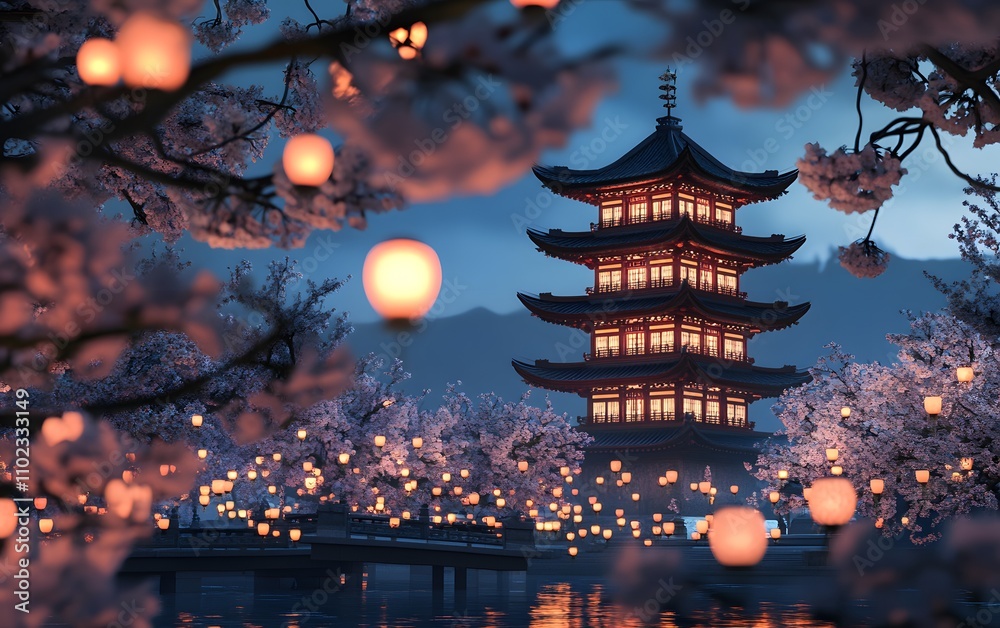 Fototapeta premium A serene view of a traditional pagoda surrounded by cherry blossoms and glowing lanterns during twilight.