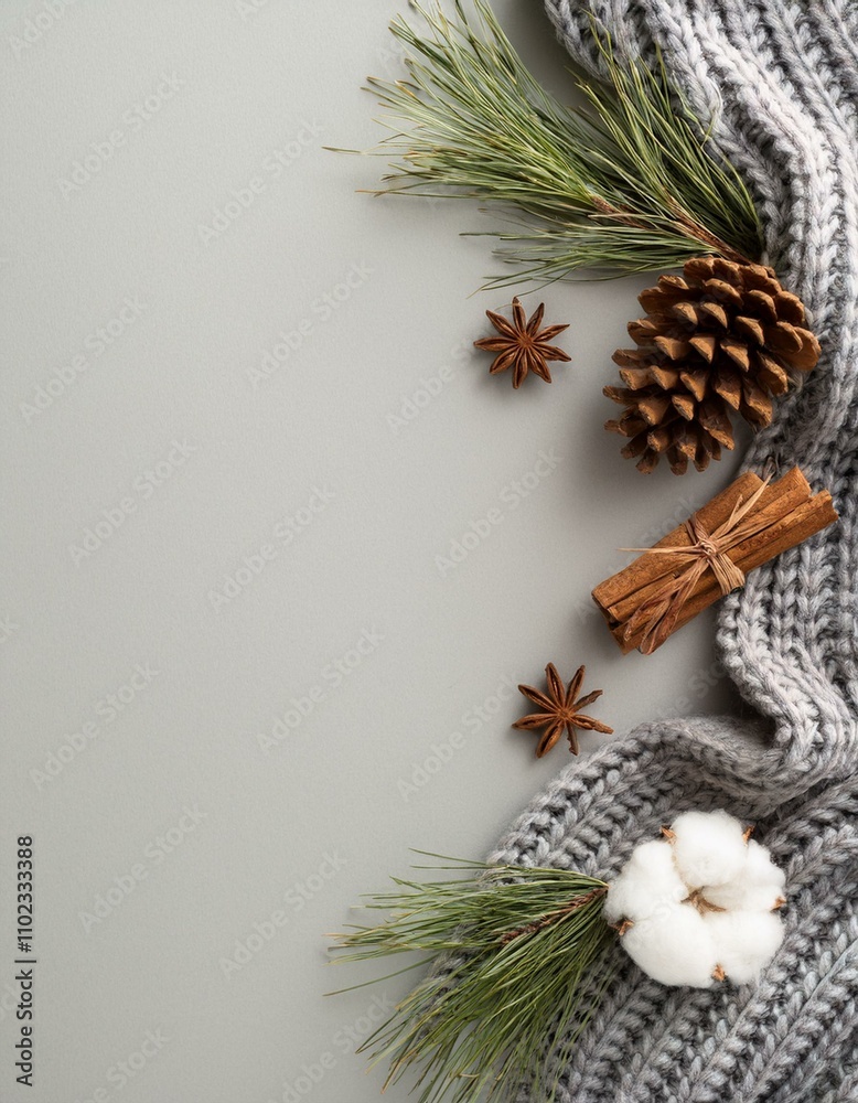 Winter season concept. Top view photo of knitted scarf cinnamon sticks pine cone Winter season concept. Top view photo of knitted scarf cinnamon sticks pine cone