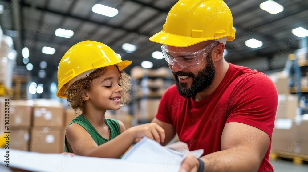 A worker and a child in coordinating yellow helmets share a moment together, suggesting fun and bonding amidst a warehouse setting full of boxes. A worker and a child in coordinating yellow helmets share a moment together, suggesting fun and bonding amidst a warehouse setting full of boxes.
