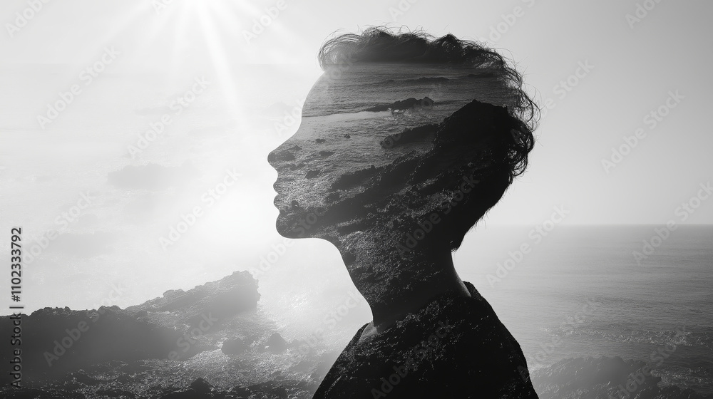 A black and white double exposure photograph of the silhouette profile of a head filled with an ocean landscape. The sun shines brightly in the sky. A black and white double exposure photograph of the silhouette profile of a head filled with an ocean landscape. The sun shines brightly in the sky.