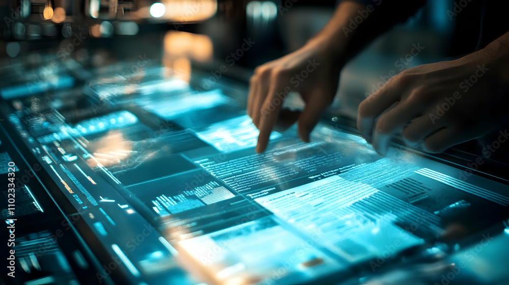High-tech newspaper interface with interactive touch screens and augmented reality graphics .illustration High-tech newspaper interface with interactive touch screens and augmented reality graphics .illustration