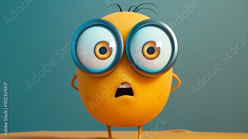 A 3D rendered minion character with big eyes and glasses looking surprised. photo