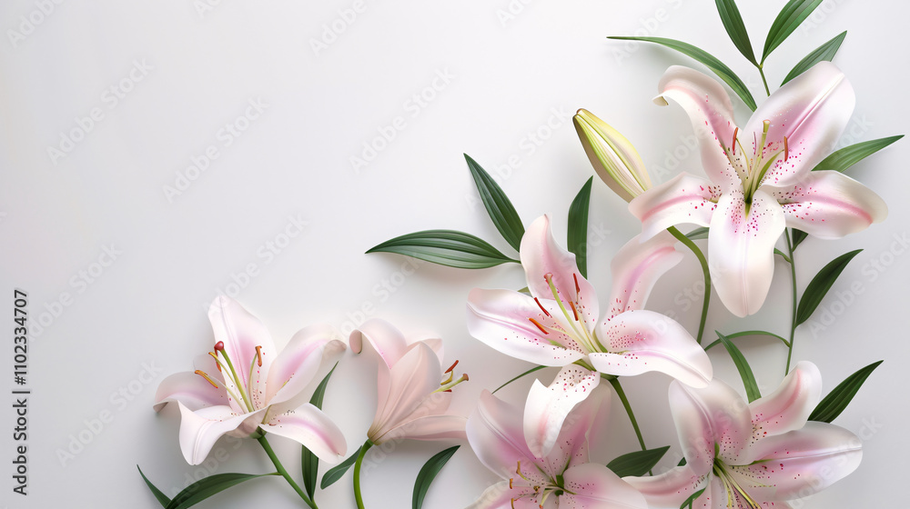 Composition featuring beautiful lily flowers against a white background. Composition featuring beautiful lily flowers against a white background.