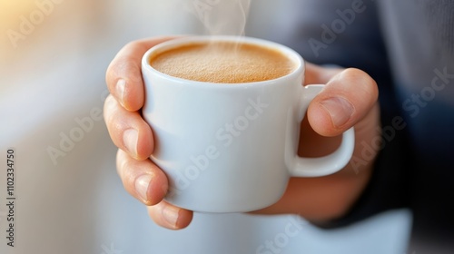 A close-up of a hand gently gripping a warm coffee cup, exuding serenity and comfort, capturing the essence of a peaceful coffee moment at home or in a cafe.