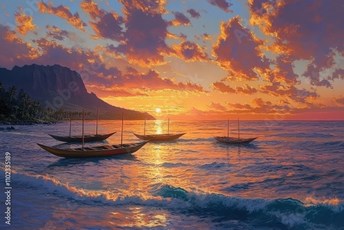 Outrigger Canoes at Sunrise: Paddling Out in Hawaii's Pacific Ocean photo