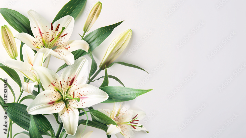 Composition featuring beautiful lily flowers against a white background. Composition featuring beautiful lily flowers against a white background.