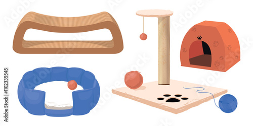 Set of play complexes, houses for pets in cartoon style. Vector illustration of various scratching posts, lounger, house with balls, ball of thread for favorite pets isolated on white background.