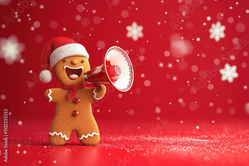 christmas gingerbread man with megaphone announcing festive news, red snowy background, holiday cheer