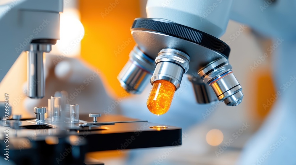 A close-up shot of a high-tech microscope with a radiant orange lens, situated in an industrial environment, emphasizing the progress in scientific and technological research. A close-up shot of a high-tech microscope with a radiant orange lens, situated in an industrial environment, emphasizing the progress in scientific and technological research.