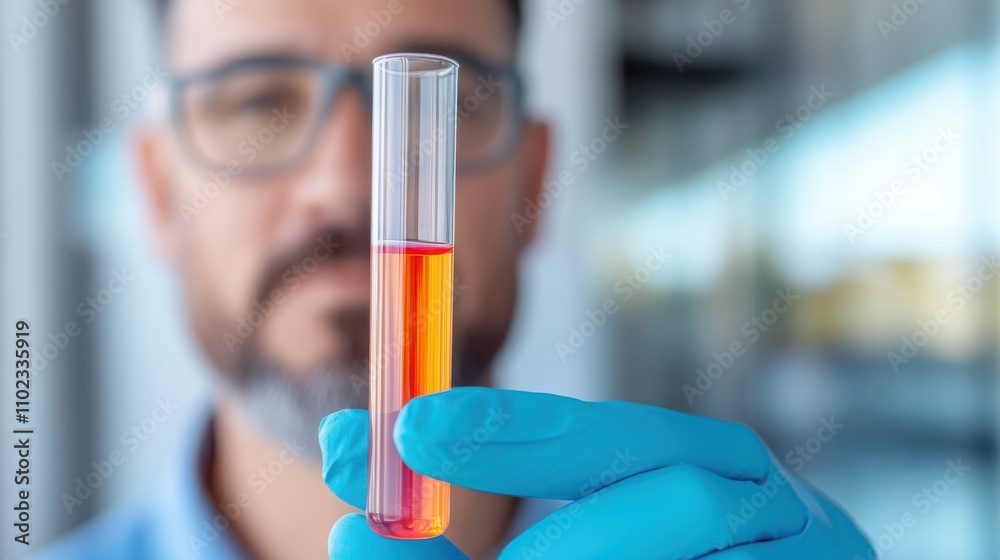 A scientist, wearing gloves and glasses, closely examines a closed test tube filled with a bright orange liquid, emphasizing careful analysis and experimentation in the lab. A scientist, wearing gloves and glasses, closely examines a closed test tube filled with a bright orange liquid, emphasizing careful analysis and experimentation in the lab.