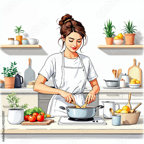 Illustration of a woman cooking in kitchen