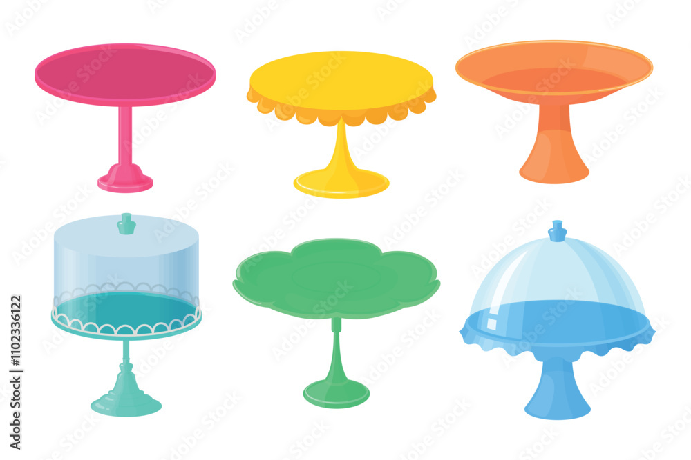 Set of colorful cake stands, pastries in cartoon style. Vector illustration of empty cake stands with glass lids of different shapes isolated on white background. Wedding banquet. Holiday parties. Set of colorful cake stands, pastries in cartoon style. Vector illustration of empty cake stands with glass lids of different shapes isolated on white background. Wedding banquet. Holiday parties.