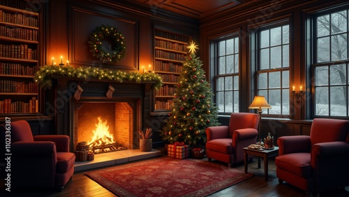 A luxurious Christmas living room featuring a glowing fireplace adorned with stockings and garlands. A beautifully lit Christmas tree stands beside cozy armchairs and a round coffee table, creating a 