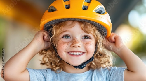 A joyous child with vibrant curls and freckles, wearing a bike helmet, radiates happiness and safety, capturing the innocence and joy of childhood.