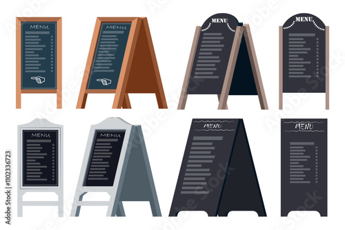 Set of streets stands for menus in cartoon style. Vector illustration of stands with menu items isolated on white background. Menu stands for cafes, restaurants. Chalkboards.Front view and side view.