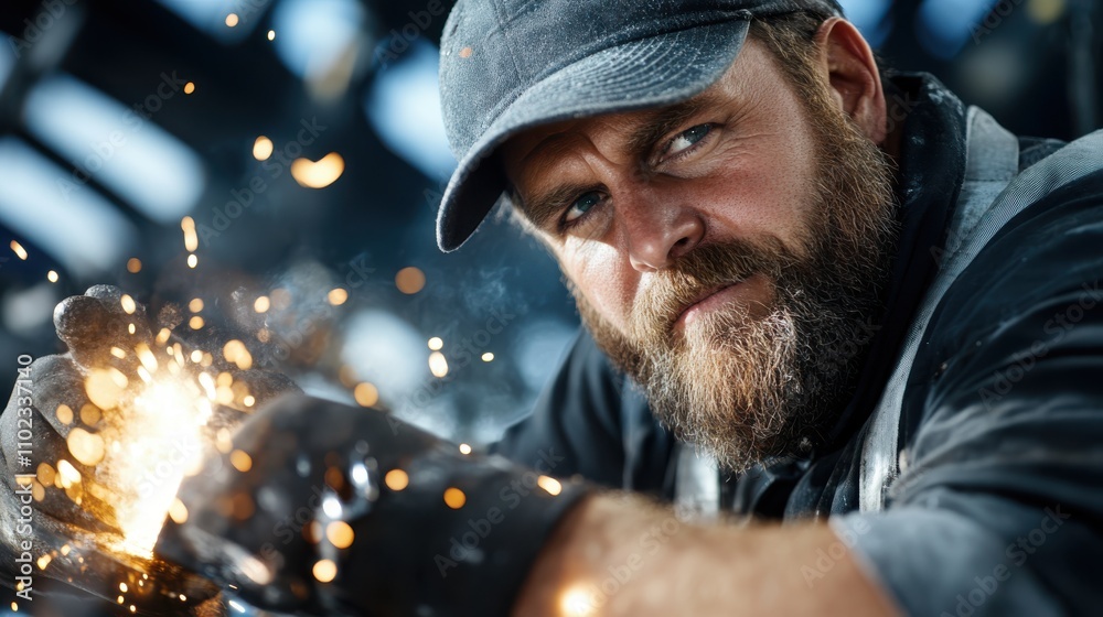 An artisan, donning a cap and protective attire, is keenly focused as an energetic spray of sparks surrounds him, highlighting the fusion of craftsmanship and artistry. An artisan, donning a cap and protective attire, is keenly focused as an energetic spray of sparks surrounds him, highlighting the fusion of craftsmanship and artistry.