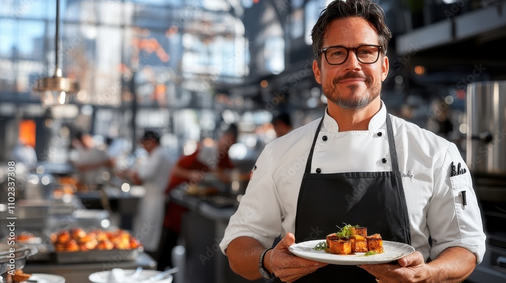 A bespectacled chef displays a gourmet dish on a plate, with a backdrop of a stylish restaurant kitchen where other chefs are actively preparing various meals. A bespectacled chef displays a gourmet dish on a plate, with a backdrop of a stylish restaurant kitchen where other chefs are actively preparing various meals.