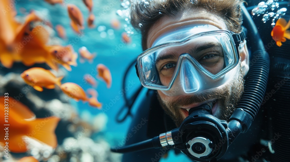 A diver joyfully interacts with vibrant orange fish in crystal-clear water, wearing a snorkeling mask and wetsuit, highlighting the beauty and wonder of marine life. A diver joyfully interacts with vibrant orange fish in crystal-clear water, wearing a snorkeling mask and wetsuit, highlighting the beauty and wonder of marine life.