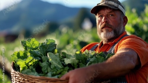 A dedicated farmer in an orange shirt is pictured holding freshly picked leafy greens, representing hard work and dedication in sustainable farming practices and rural life.