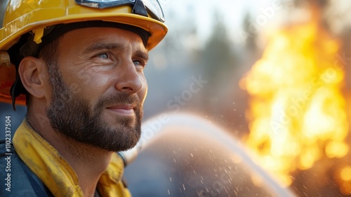 A determined firefighter faces towering inferno flames with resolve, embodying the bravery, focus, and professional resolve needed in critical firefighting scenarios. photo