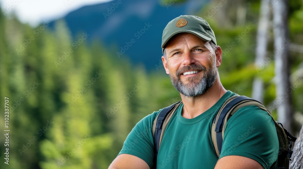 A smiling man in a green shirt with a cap poses against a backdrop of lush mountains, radiating the joy of nature and the warmth of a sunny day outdoors. A smiling man in a green shirt with a cap poses against a backdrop of lush mountains, radiating the joy of nature and the warmth of a sunny day outdoors.