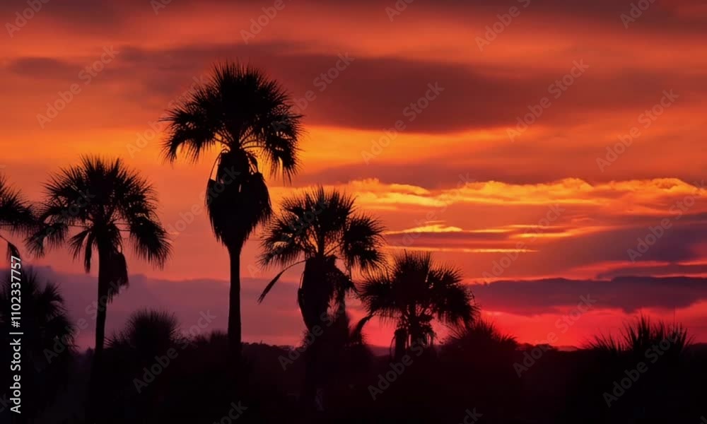 Fiery Sunset Silhouette: Palm trees stand tall against a breathtaking, fiery sunset, their silhouettes stark against the vibrant colors of the sky. A dramatic and evocative landscape photograph. Fiery Sunset Silhouette: Palm trees stand tall against a breathtaking, fiery sunset, their silhouettes stark against the vibrant colors of the sky. A dramatic and evocative landscape photograph.