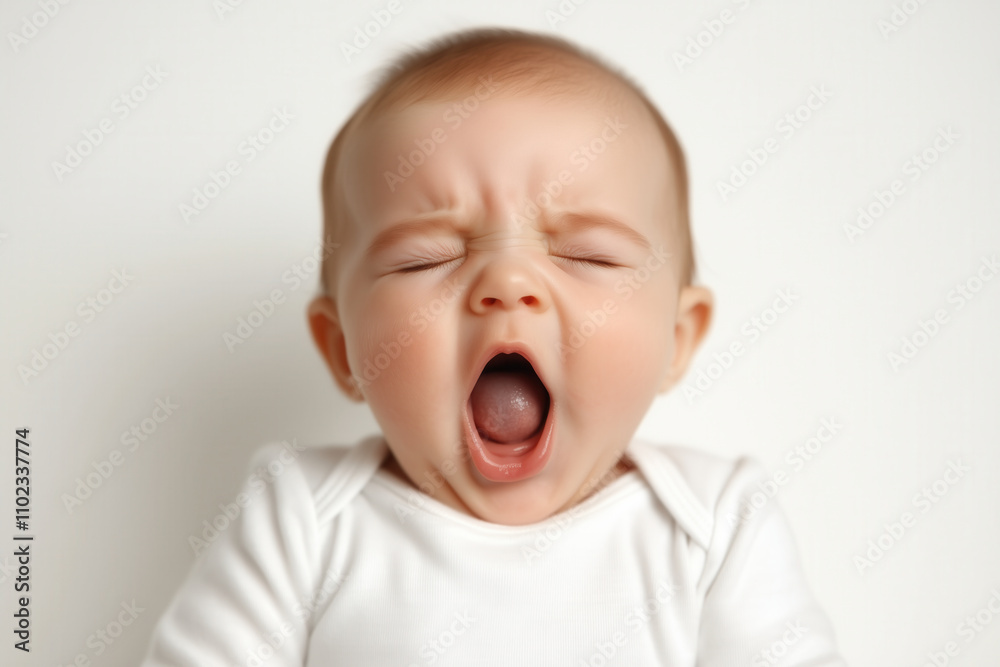 A baby in a plain white onesie, yawning dramatically with their eyes tightly shut, on a white background A baby in a plain white onesie, yawning dramatically with their eyes tightly shut, on a white background