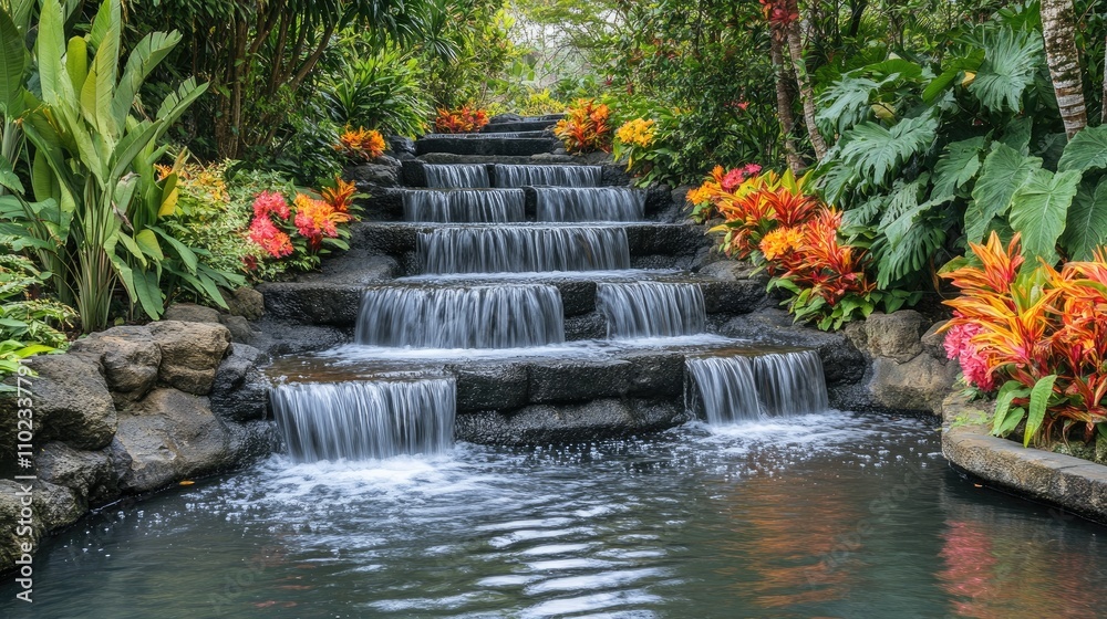 Cascading waterfall in a lush tropical garden. Cascading waterfall in a lush tropical garden.