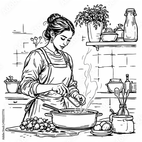 Illustration of a woman cooking in kitchen