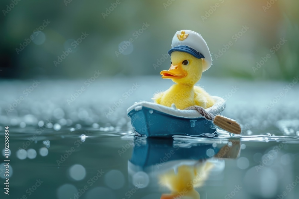 Cute cool duckling ship captain duck in blue white boat toy funny conceptual image