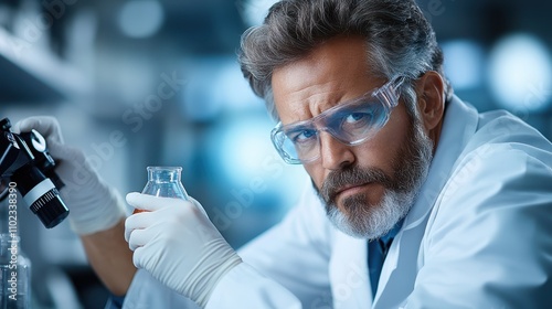 An experienced scientist in safety glasses and a white coat holds a flask in a laboratory setting, symbolizing innovation and advanced scientific study.