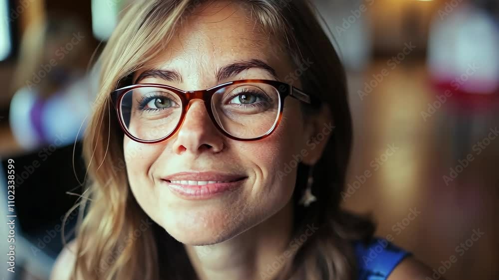 Woman with glasses smiling warmly in a cozy indoor setting during the day