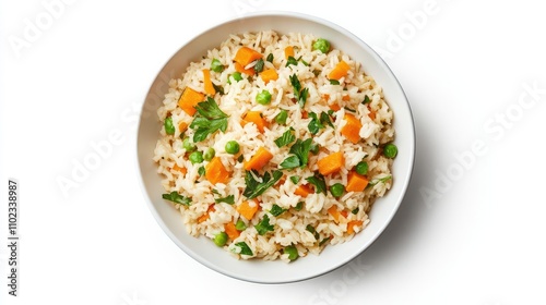 A delicious plate of fried rice with vibrant vegetables, including carrots and peas, garnished with fresh herbs. Perfect for healthy meal inspiration.