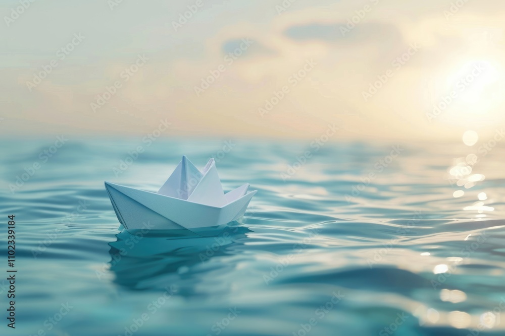 Origami paper boat floating in a sea Origami paper boat floating in a sea