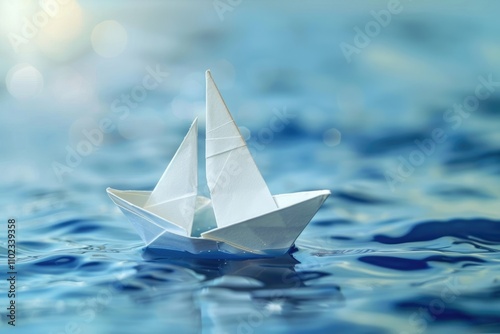 origami paper sailboat sailing on blue water photo